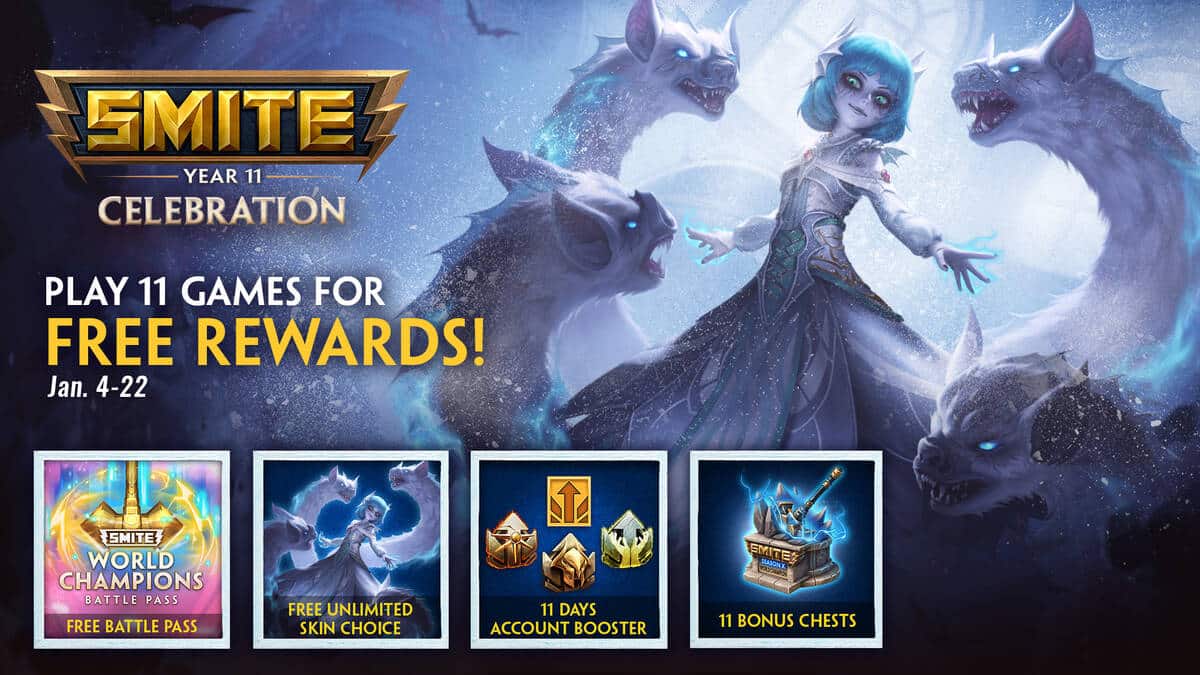 Battle pass skin of your choice and other gifts in Battle pass, skin of your choice and other gifts in honor of SMITE's 11th anniversary