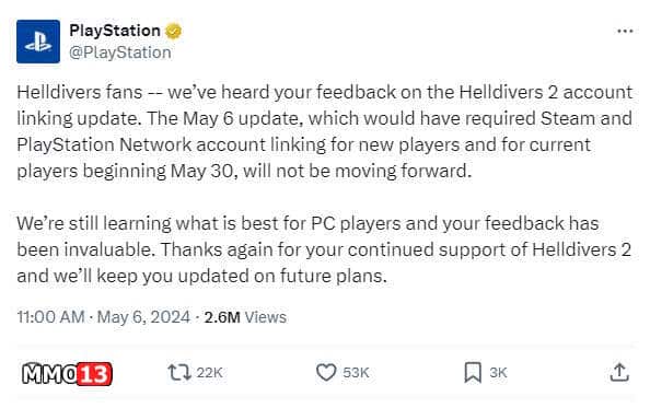 Sony has decided to abandon the mandatory binding of HELLDIVERS Sony has decided to abandon the mandatory binding of HELLDIVERS 2 to the PlayStation Network